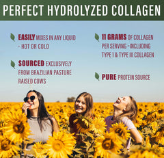 Perfect Supplements bottle label highlights 100% hydrolyzed collagen from Brazilian cows.
