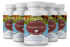 Perfect Supplements desiccated liver bottle showcasing capsules as a natural protein source.