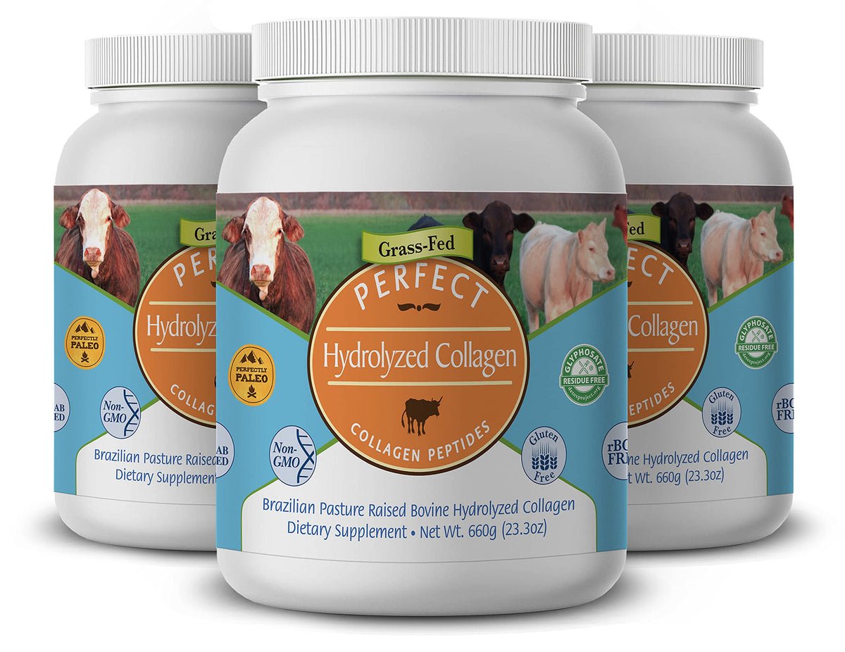 Perfect Supplements hydrolyzed collagen powder bottle ready to pour into a drink.
