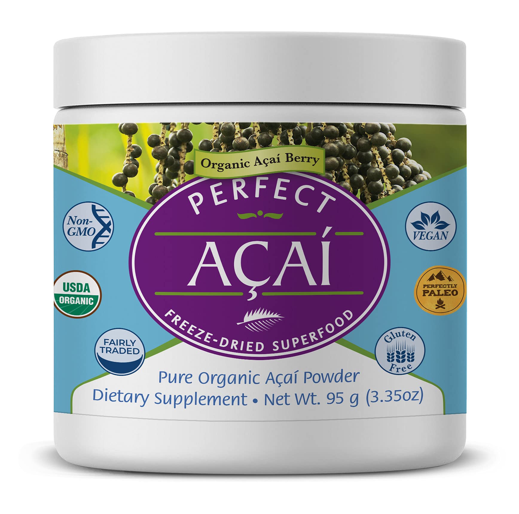 Perfect Supplements Perfect Acai Powder jar showing pure organic berries for antioxidant support