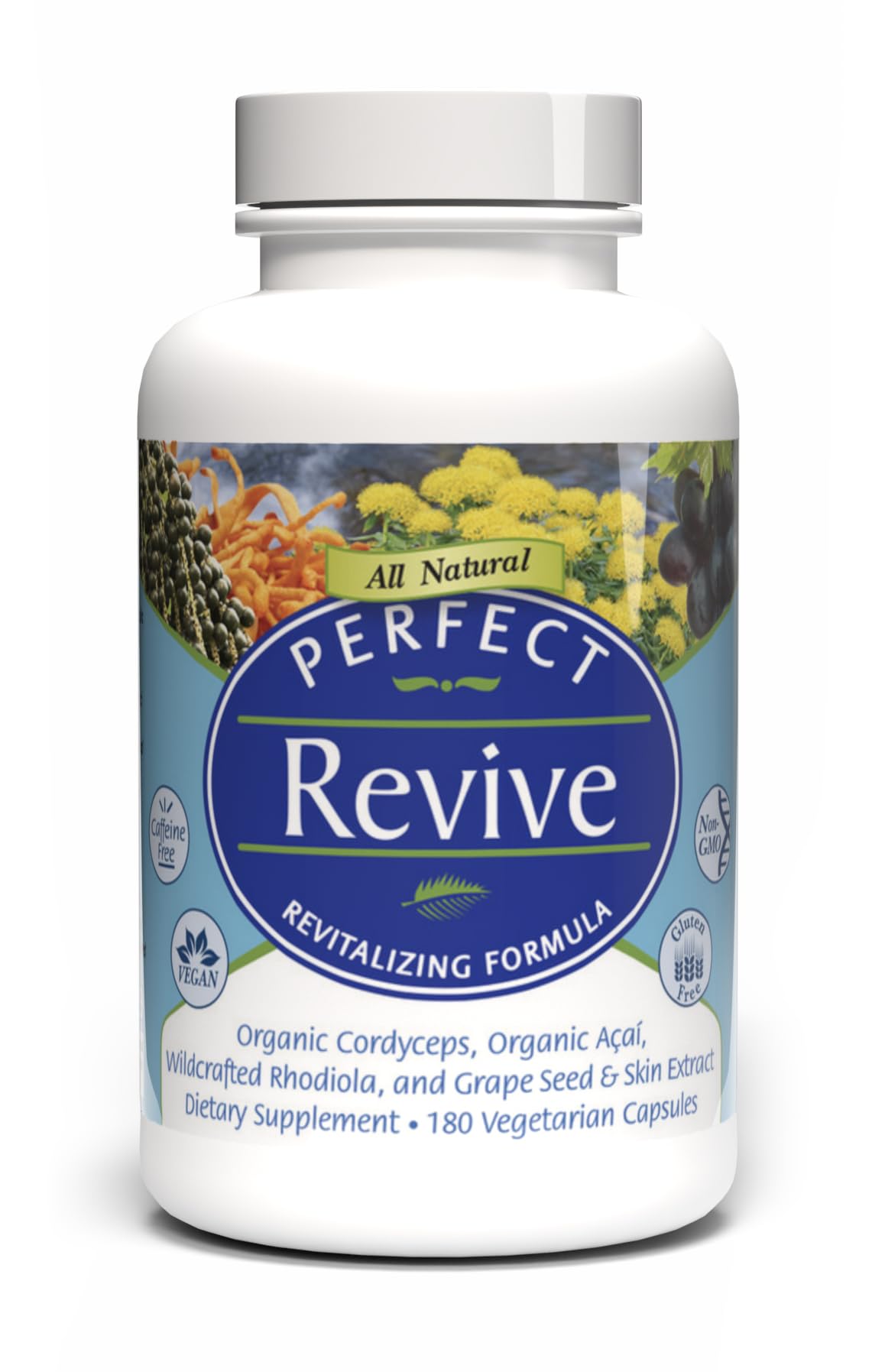 Perfect Supplements Perfect Acai Revive bottle displays caffeine-free formula for balanced energy.