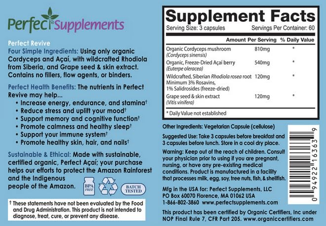 Perfect Supplements Perfect Acai Revive label emphasizes organic ingredients and antioxidant support.