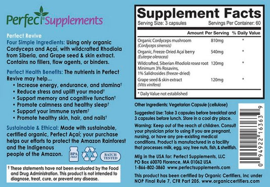 Perfect Supplements Perfect Acai Revive label emphasizes organic ingredients and antioxidant support.