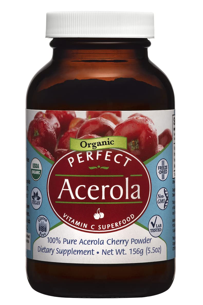 Perfect Supplements acerola powder bottle showcases a vibrant, antioxidant-rich superfood for daily immune support.