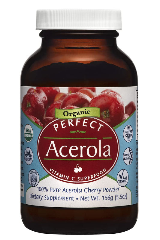 Perfect Supplements acerola powder bottle showcases a vibrant, antioxidant-rich superfood for daily immune support.