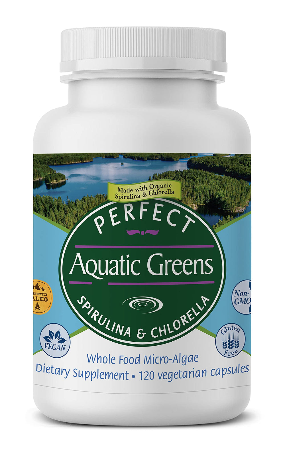 Perfect Aquatic Greens bottle front with spirulina and chlorella for daily nutrient support.