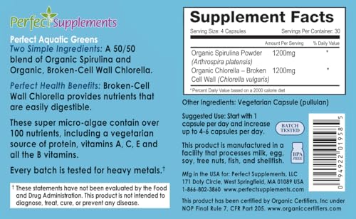 Perfect Aquatic Greens bottle label closeup highlighting organic ingredients for clean nutrition.