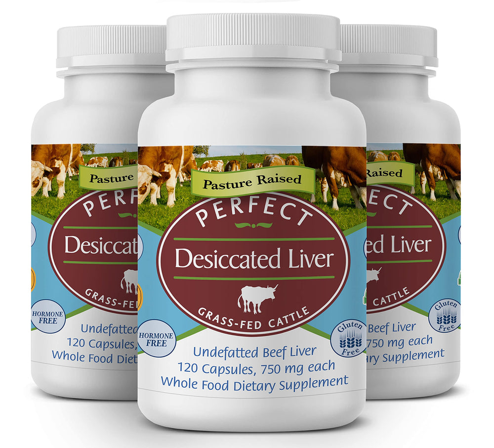 Perfect Supplements desiccated liver bottle highlights natural protein for daily energy.