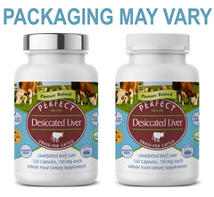 Perfect Supplements desiccated liver label conveys vitamin-rich profile for daily nutrition.