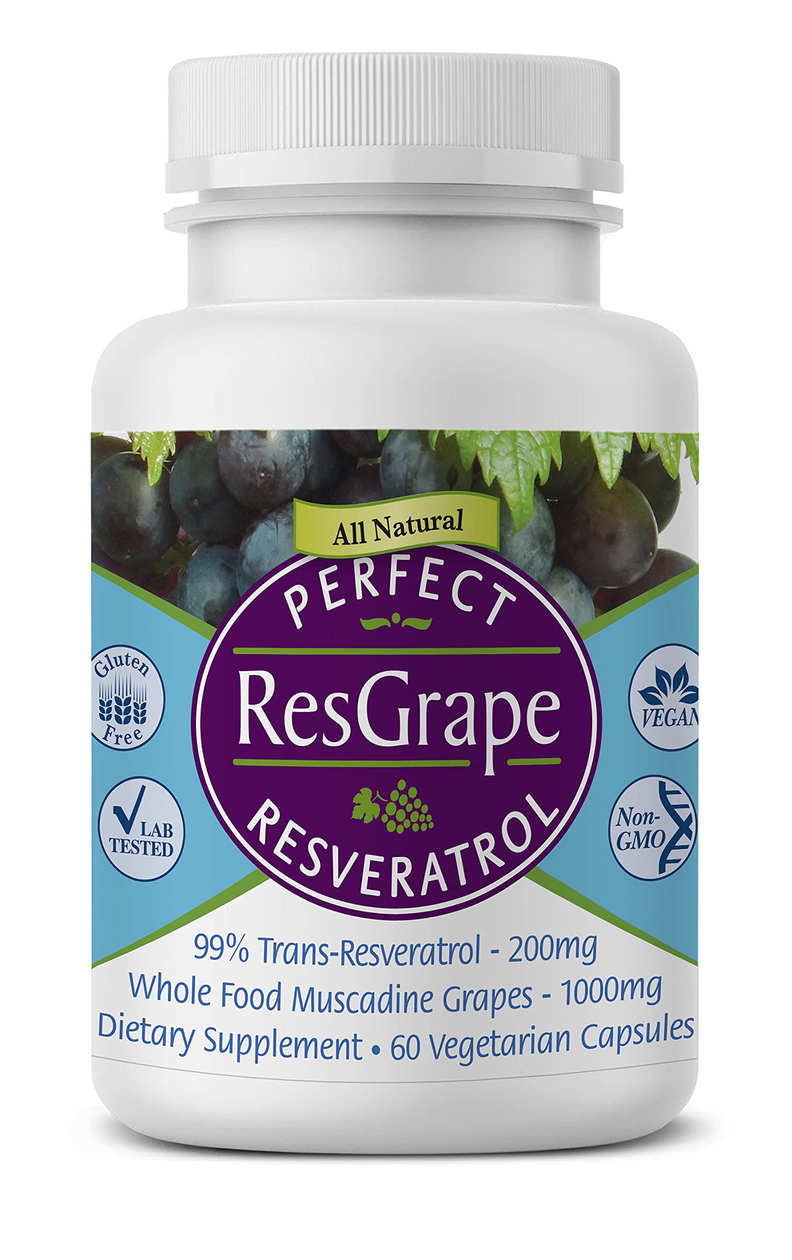 Perfect Supplements ResGrape Resveratrol bottle on wood, daily wellness potential.
