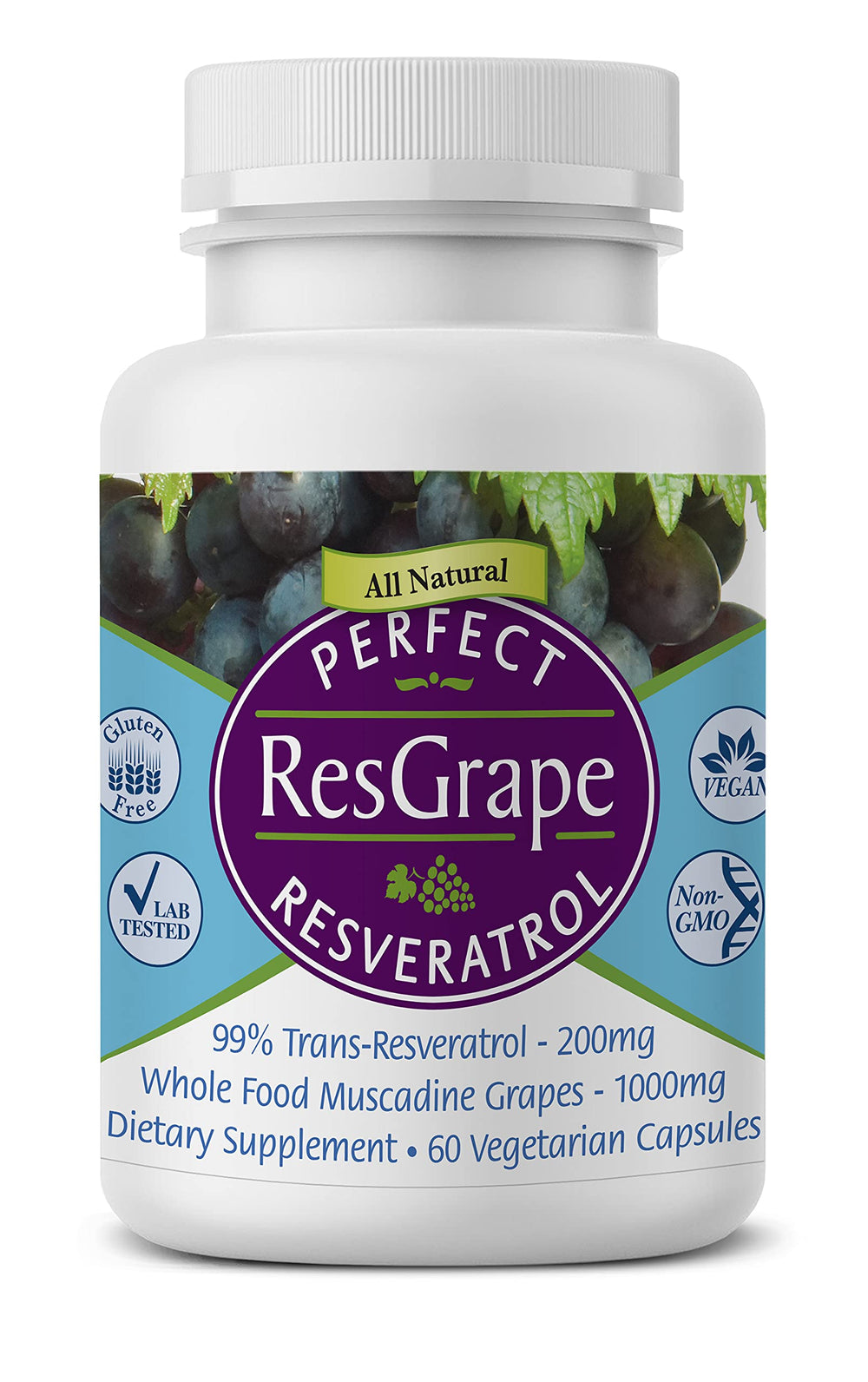 Perfect Supplements ResGrape Resveratrol bottle on wood, daily wellness potential.