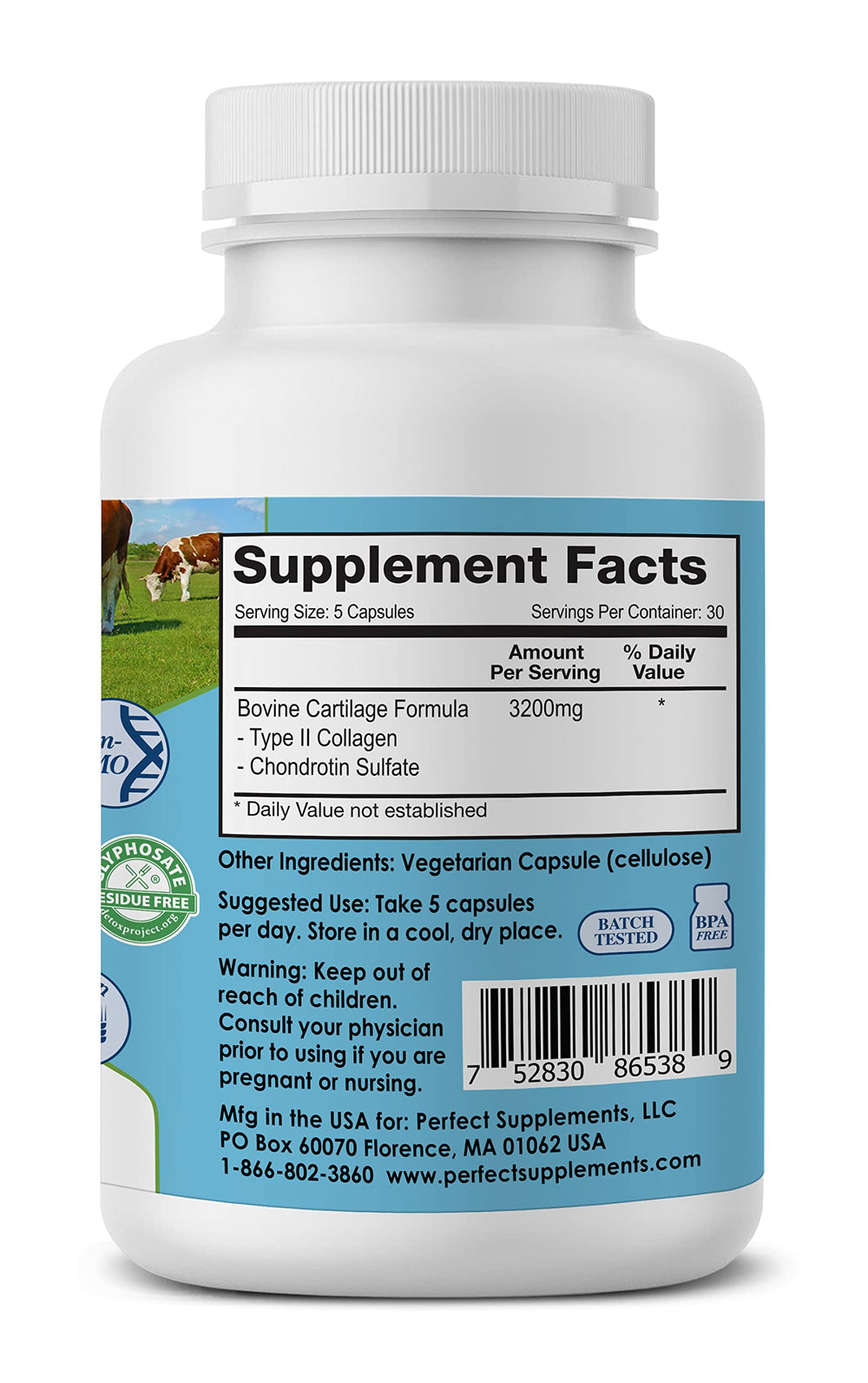 Perfect Supplements Perfect Type II Collagen bottle back label highlights clean ingredients.