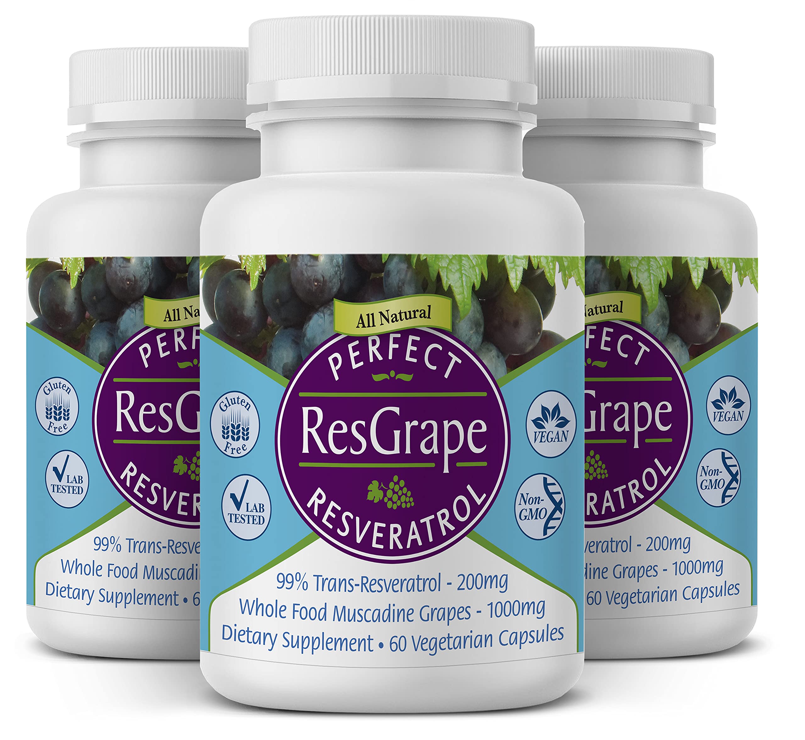 Perfect Supplements ResGrape bottle front with 200 mg trans-resveratrol per capsule.