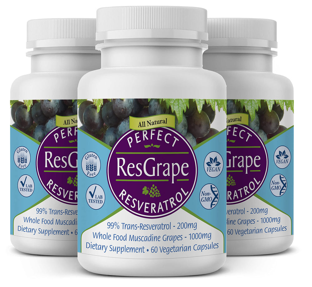 Perfect Supplements ResGrape bottle front with 200 mg trans-resveratrol per capsule.