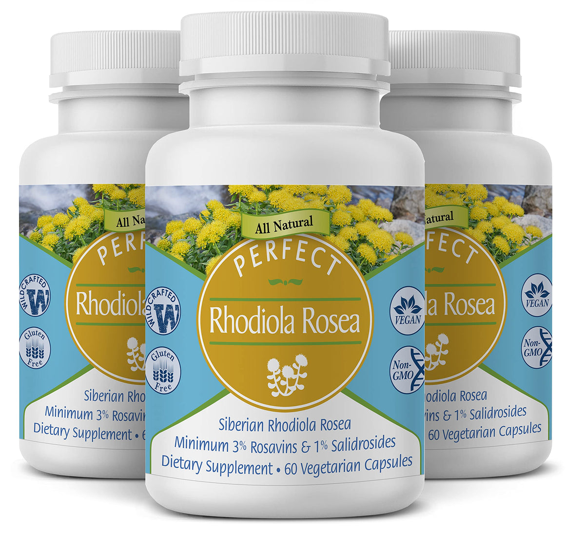 Perfect Supplements Rhodiola Rosea bottle front for steady energy and focus.