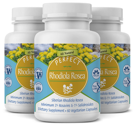 Perfect Supplements Rhodiola Rosea bottle front for steady energy and focus.
