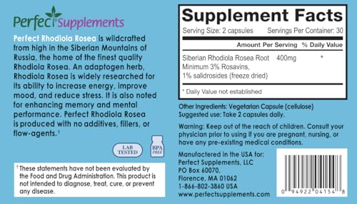 Perfect Supplements Rhodiola Rosea bottle label highlighting pure adaptogen benefits for daily resilience.