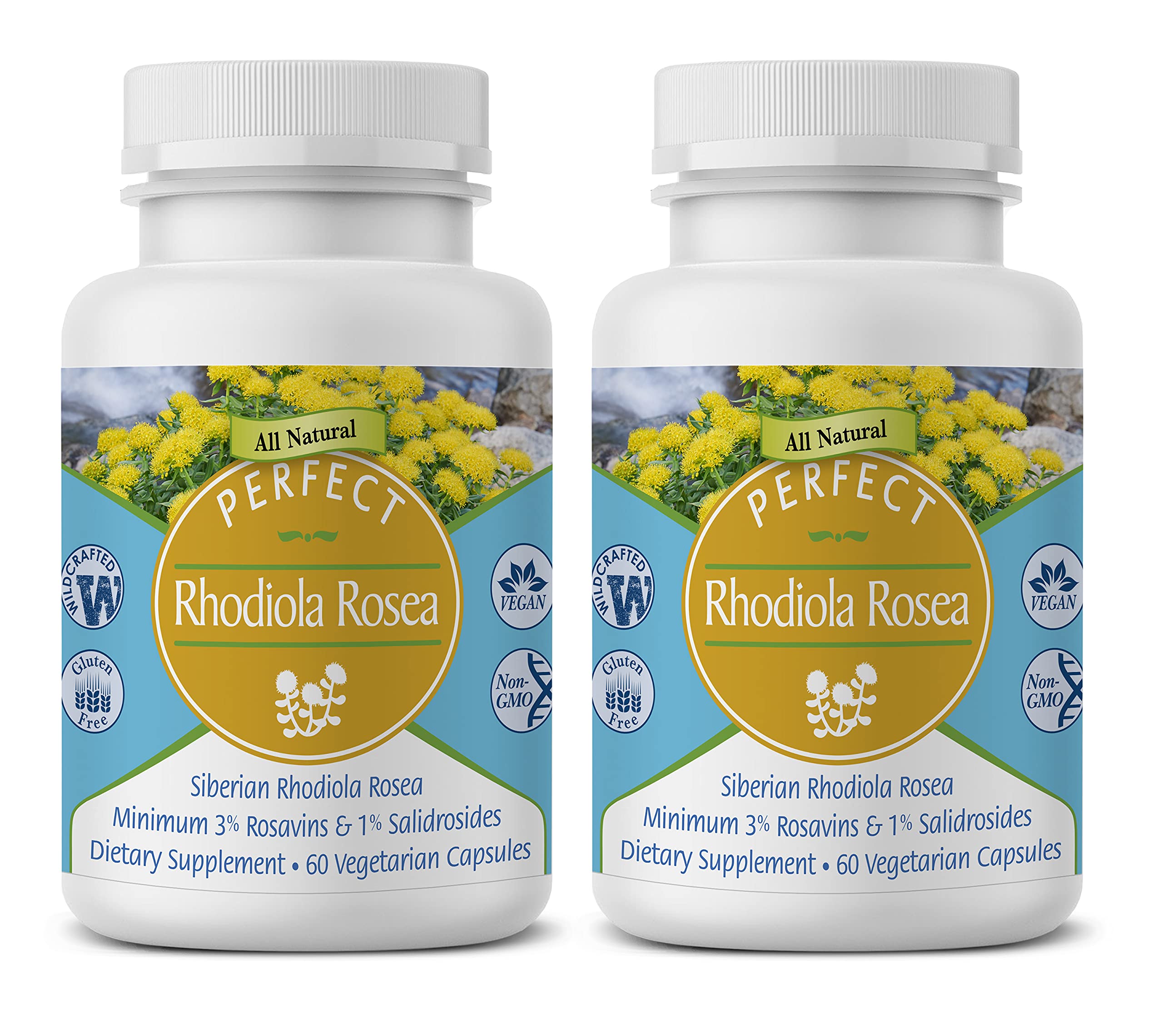 Perfect Supplements Rhodiola Rosea bottle shows a clean label for daily energy and focus support