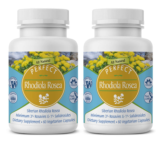 Perfect Supplements Rhodiola Rosea bottle shows a clean label for daily energy and focus support
