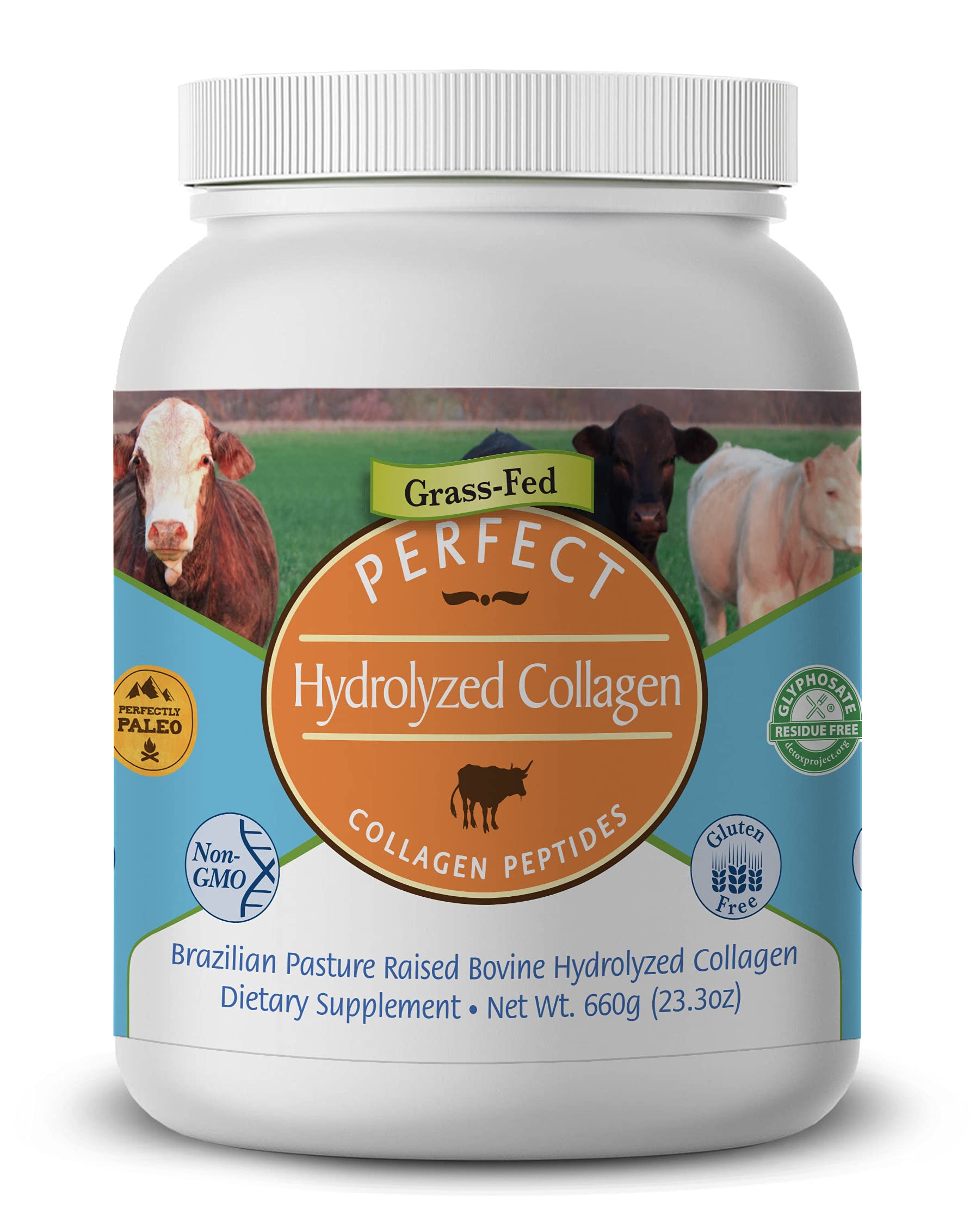 Perfect Supplements unflavored hydrolyzed collagen powder in 660g container for daily use.