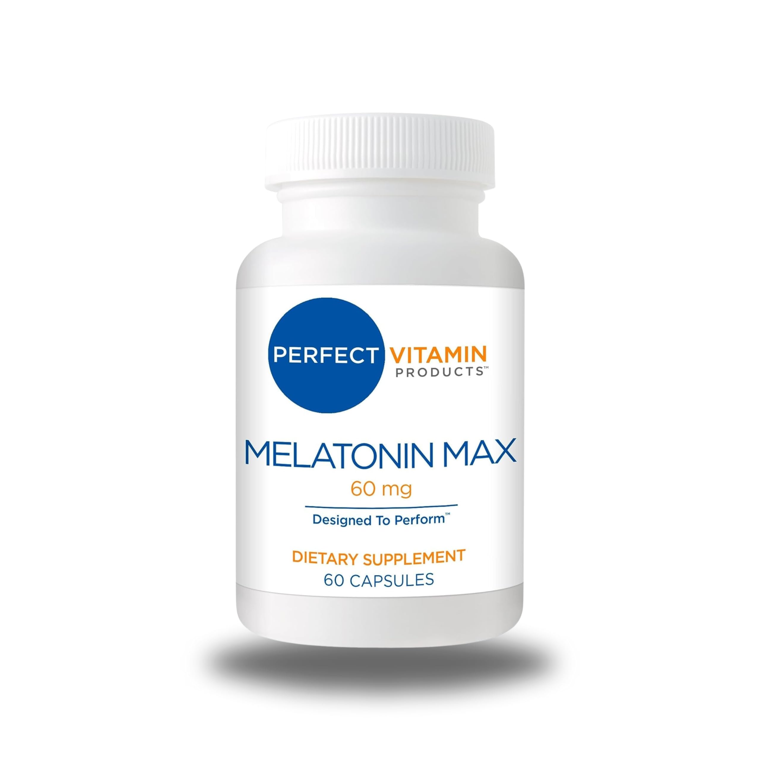 Perfect Vitamin Products 60mg melatonin bottle on nightstand for sleep support.