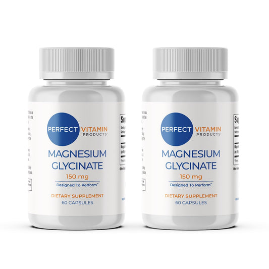 Perfect Vitamin Products Magnesium Glycinate bottle 2-pack on shelf suggests convenient sleep and recovery support