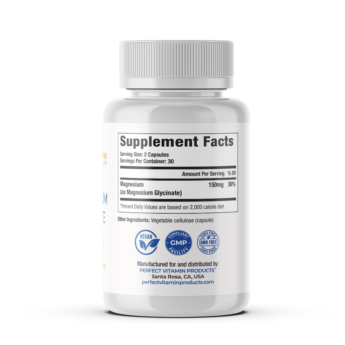 Plain bottle of Perfect Vitamin Products Magnesium Glycinate on a desk for daily use