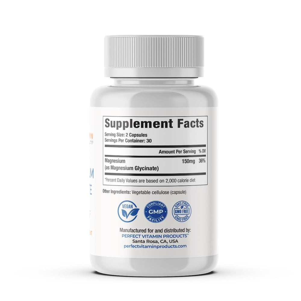 Plain bottle of Perfect Vitamin Products Magnesium Glycinate on a desk for daily use