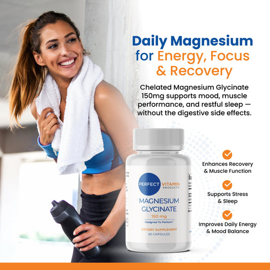 Closeup of Perfect Vitamin Products Magnesium Glycinate capsules highlighting high absorption formula for relaxation