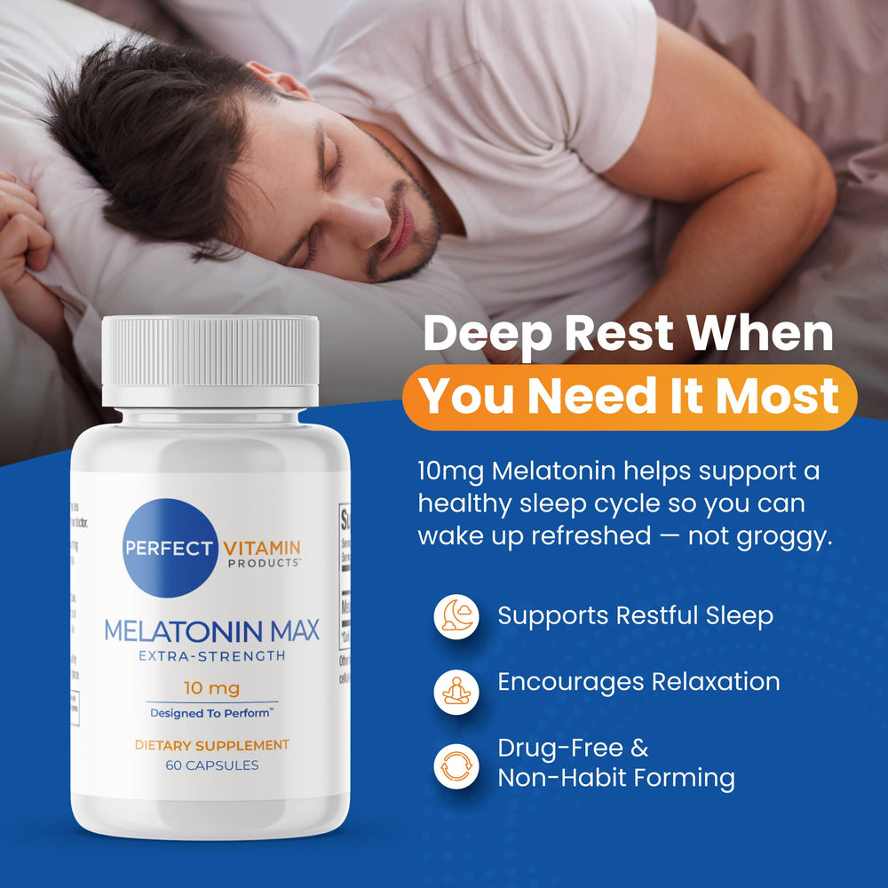 Close-up of Perfect Vitamin Products melatonin 10mg capsules for nightly use
