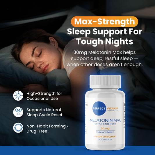 Perfect Vitamin Products melatonin 30mg bottle pour demonstrates easy nightly dosing.