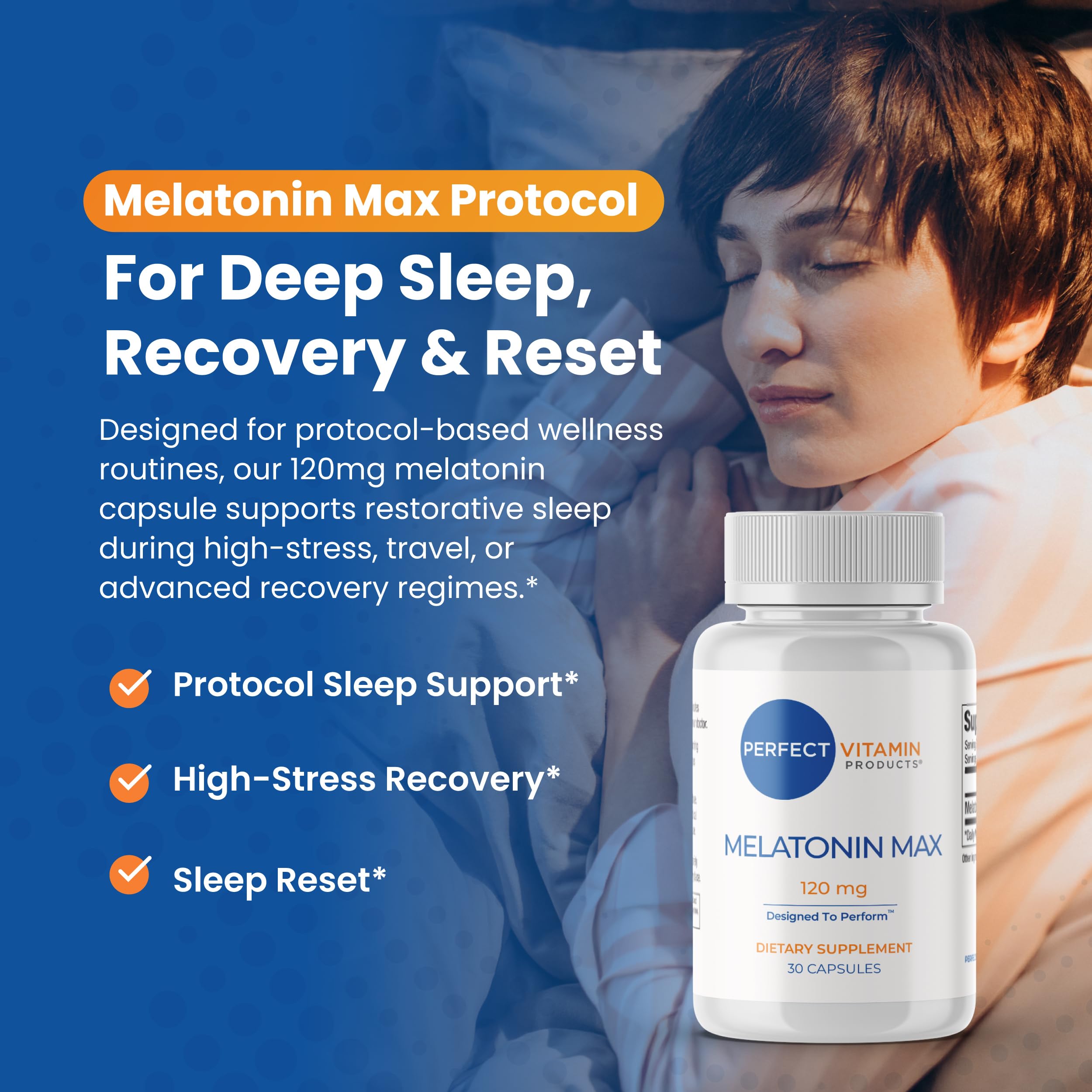 Close-up of Melatonin Max 120mg capsule for easy nightly dosing.