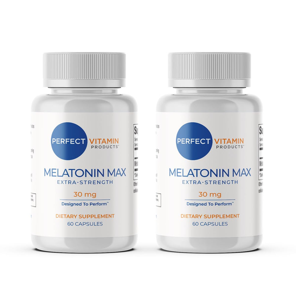 Perfect Vitamin Melatonin MAX bottle closeup showing high 30 mg dosage for night support