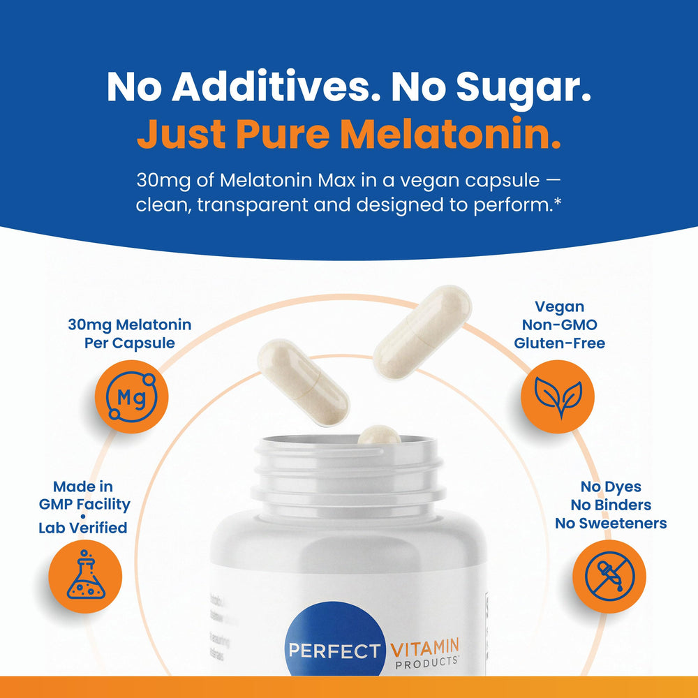 Travel-friendly Melatonin MAX bottle by Perfect Vitamin Products for jet lag adjustment