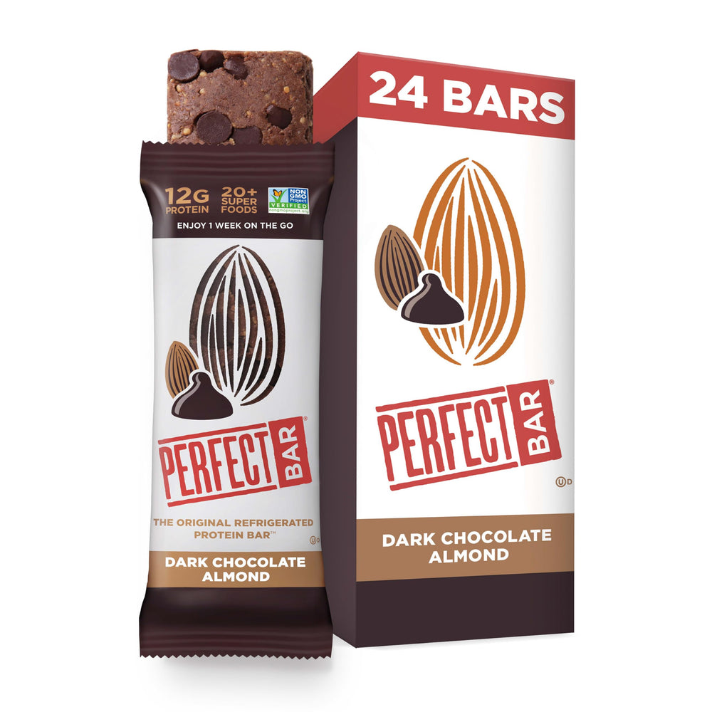 Perfect Bar Dark Chocolate Almond bar with creamy almond butter, ideal for on-the-go protein.