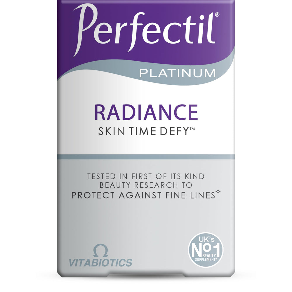 Perfectil Platinum Skin Radiance bottle with advanced nutrients for nourished, glowing skin.