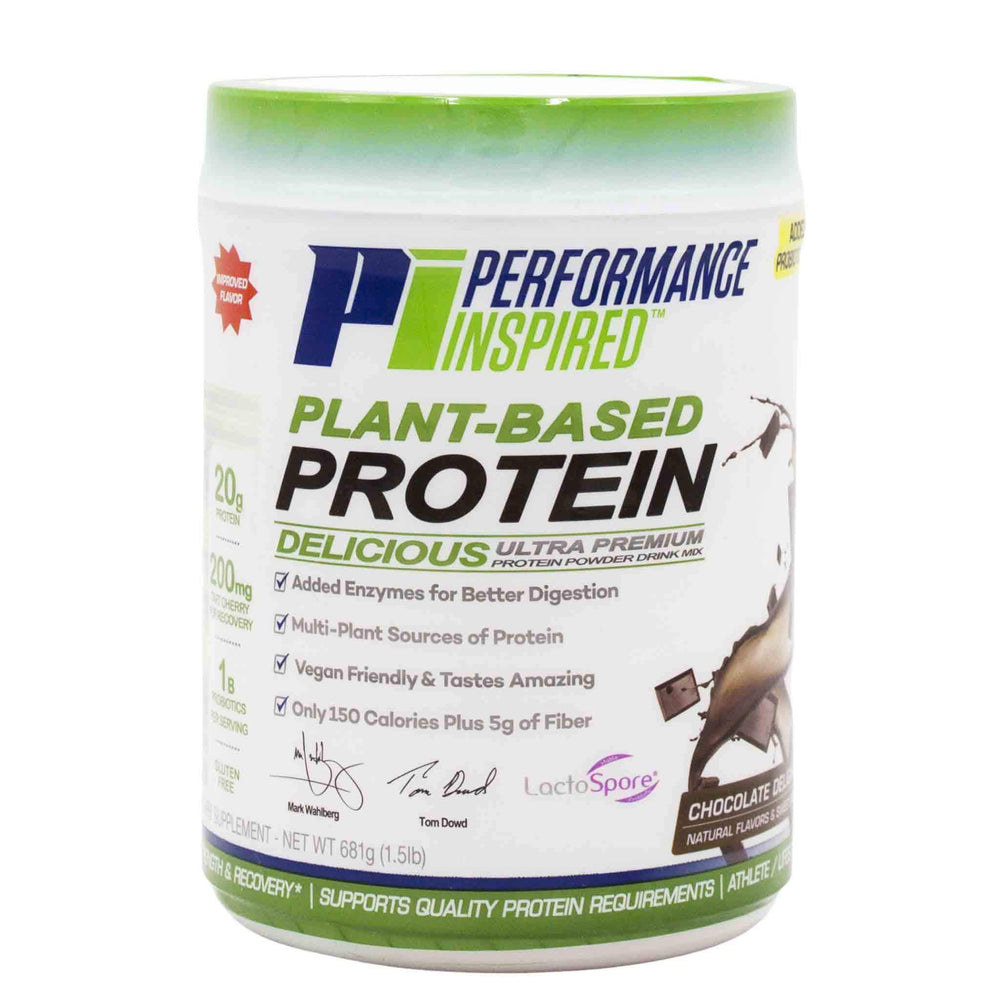 Performance Inspired plant protein powder tub highlights clean protein for steady energy.