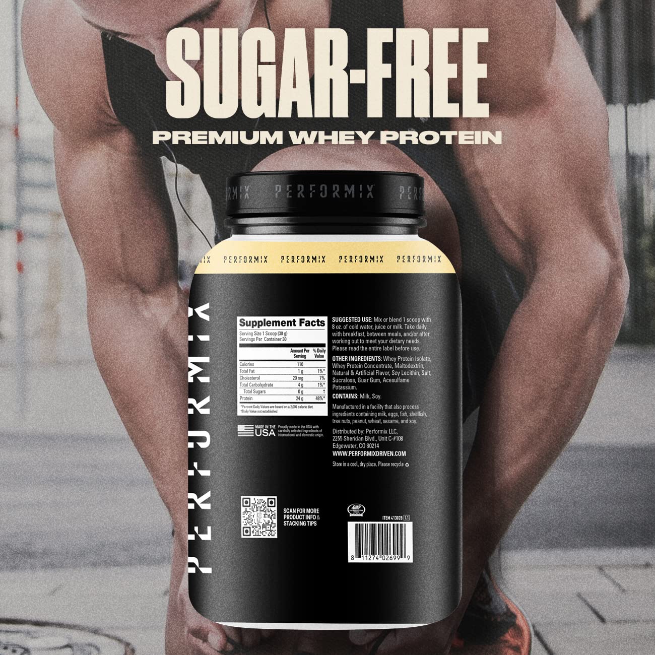 PERFORMIX label close-up highlighting 24g protein and 5.4g BCAAs