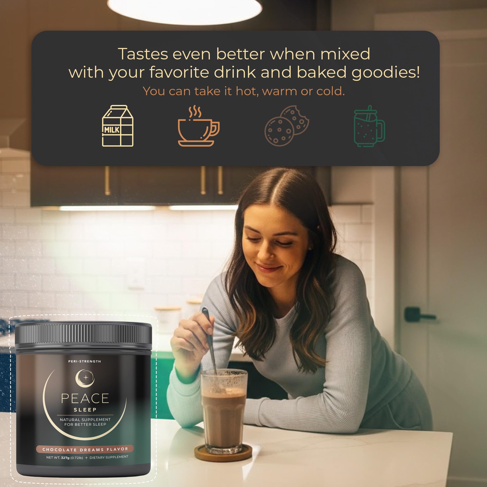 Prepared Peace Sleep chocolate drink in glass suggesting a comforting bedtime routine