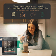 Prepared Peace Sleep chocolate drink in glass suggesting a comforting bedtime routine
