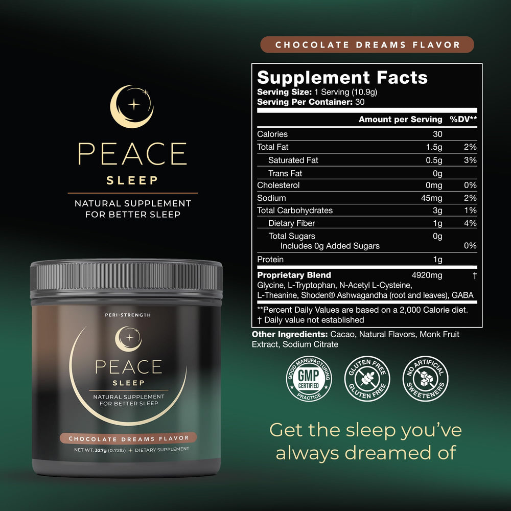 Peace Sleep scoop beside chocolate dreams powder illustrating easy nightly dosing
