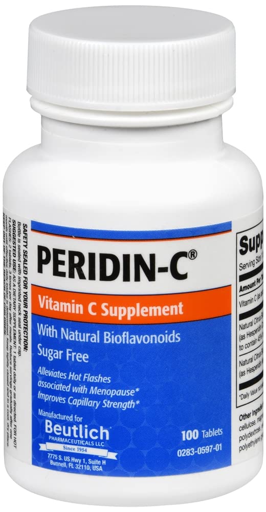 Peridin-C bottle label highlights 200 mg vitamin C and bioflavonoids for daily support