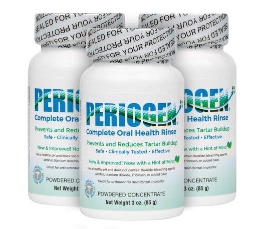 Periogen bottle pours minty rinse for tartar reduction