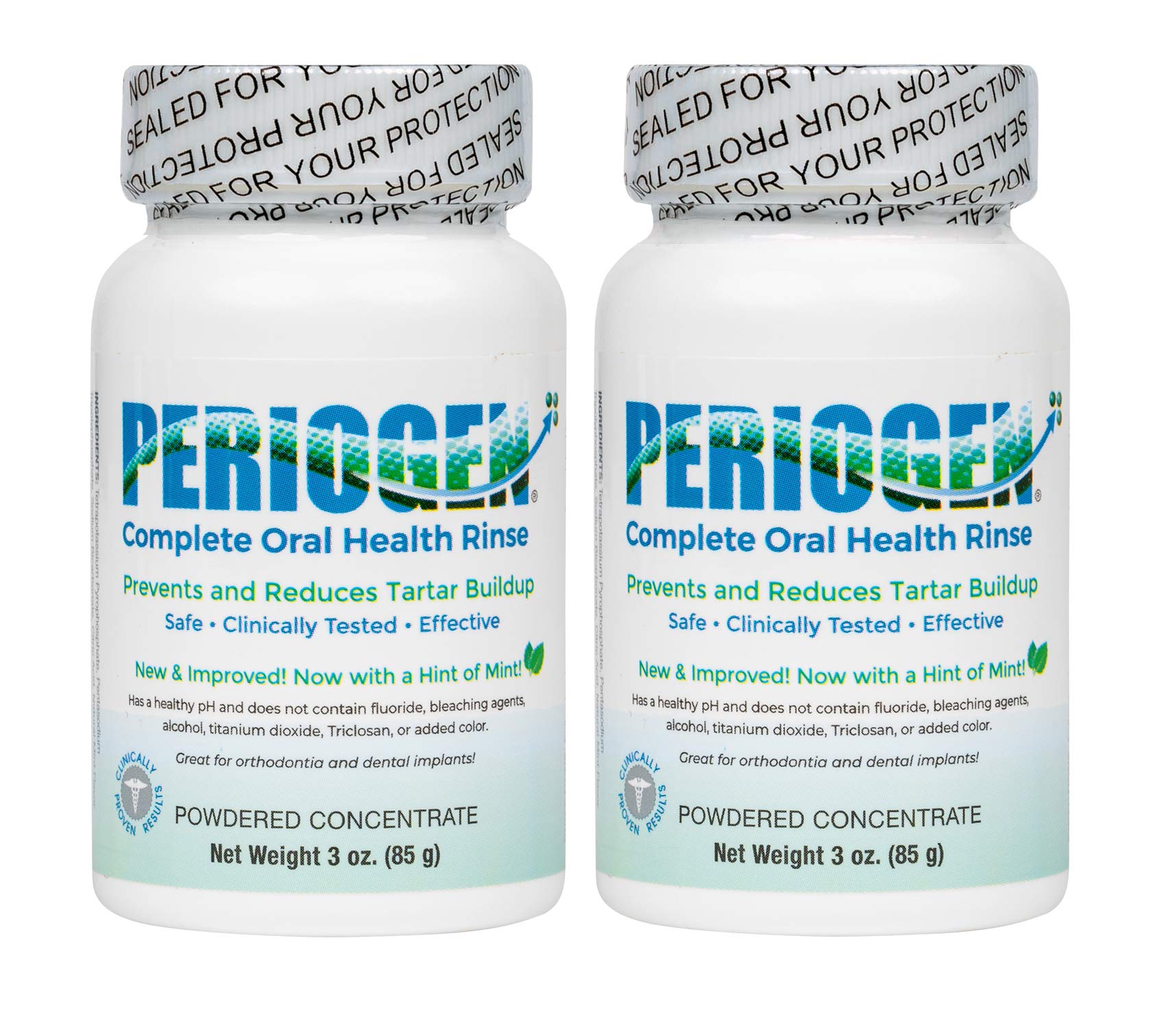 Periogen hint of mint bottle pours for refreshing rinse.