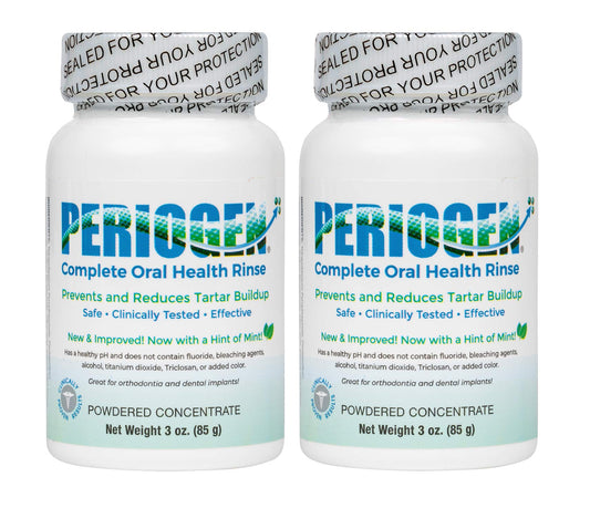 Periogen hint of mint bottle pours for refreshing rinse.