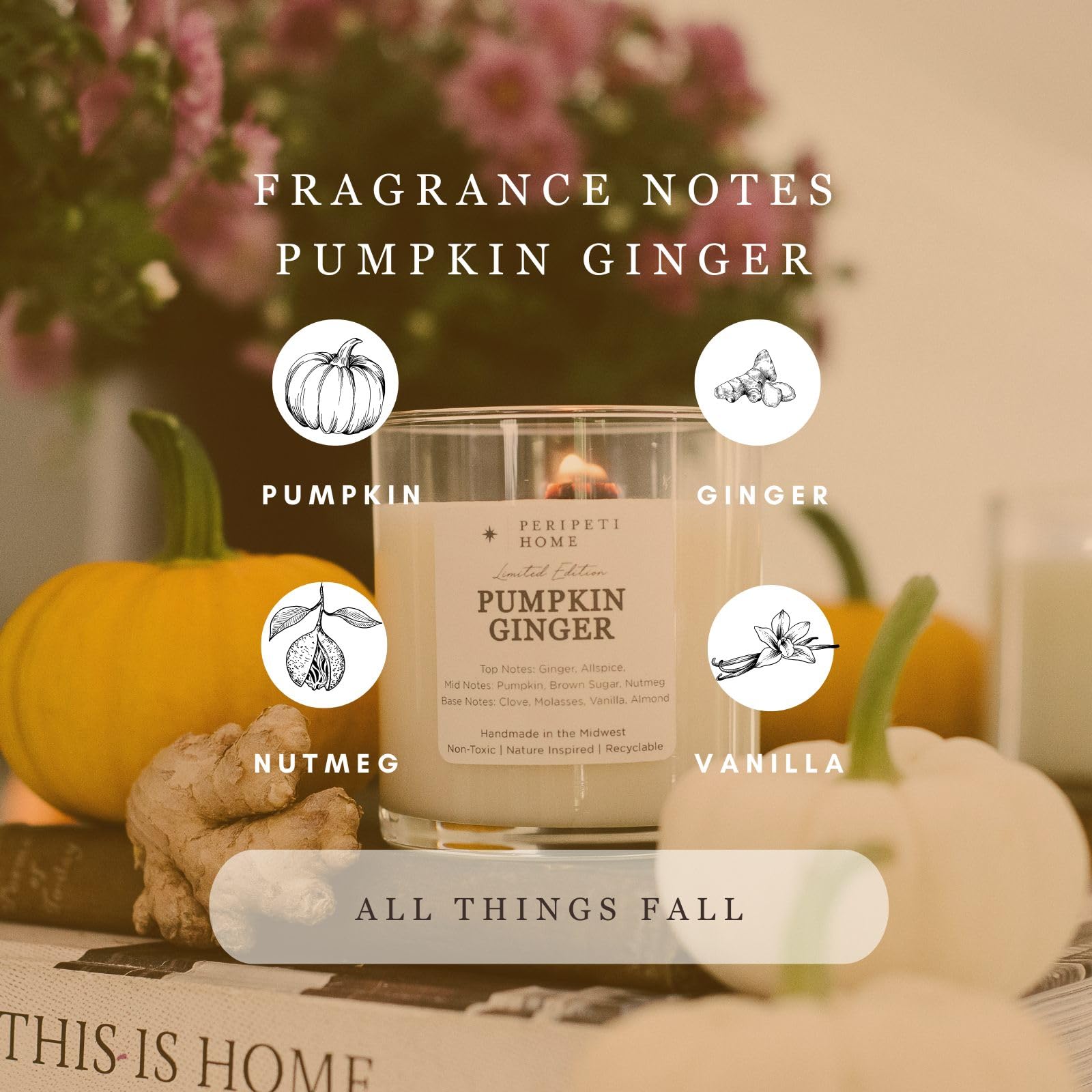 Peripeti Home pumpkin-ginger candle close-up highlighting clean soy wax for pure scent.