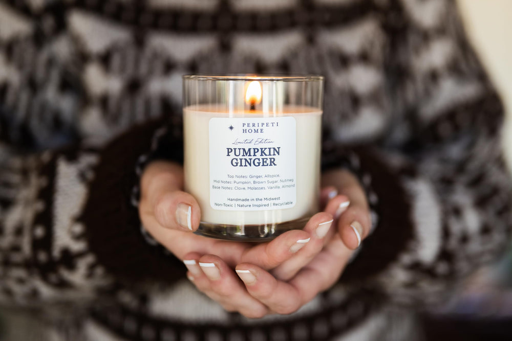 Peripeti Home pumpkin-ginger candle 8.5 oz poured in the USA supporting craftsmanship.