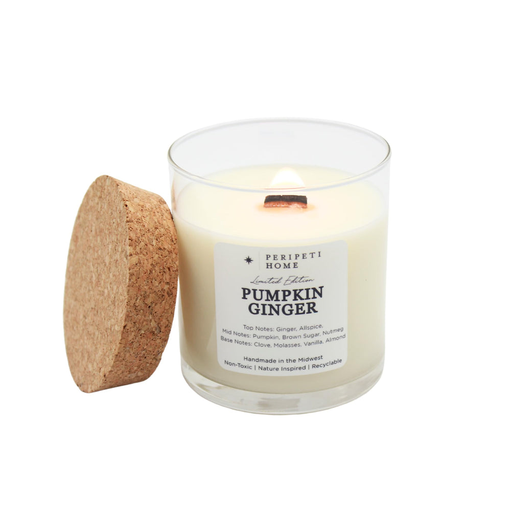 Peripeti Home pumpkin-ginger candle with wooden wick for cozy fall ambience.
