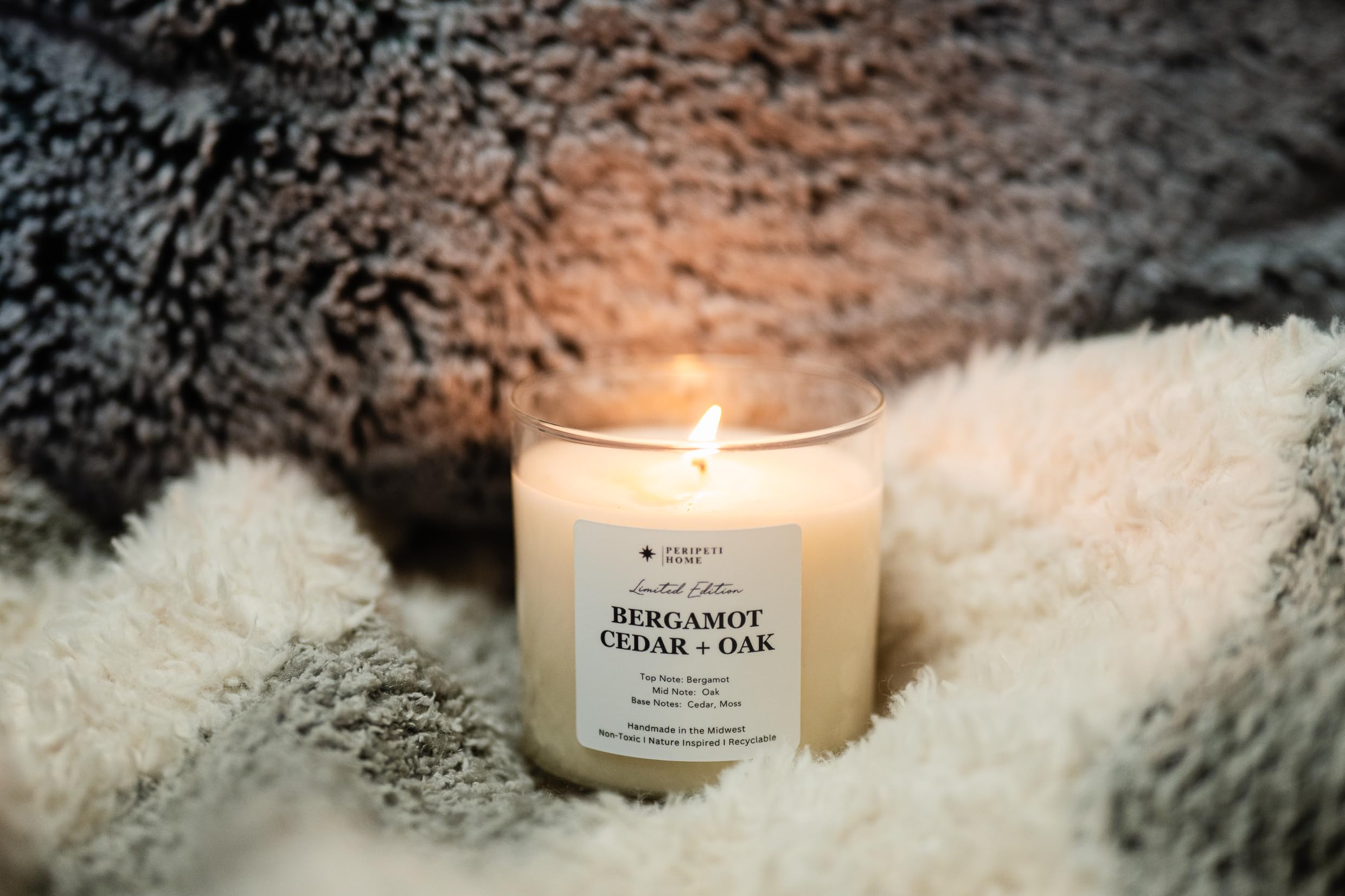 PeripetiHome Bergamot Cedar Oak candle burn time up to 55 hours