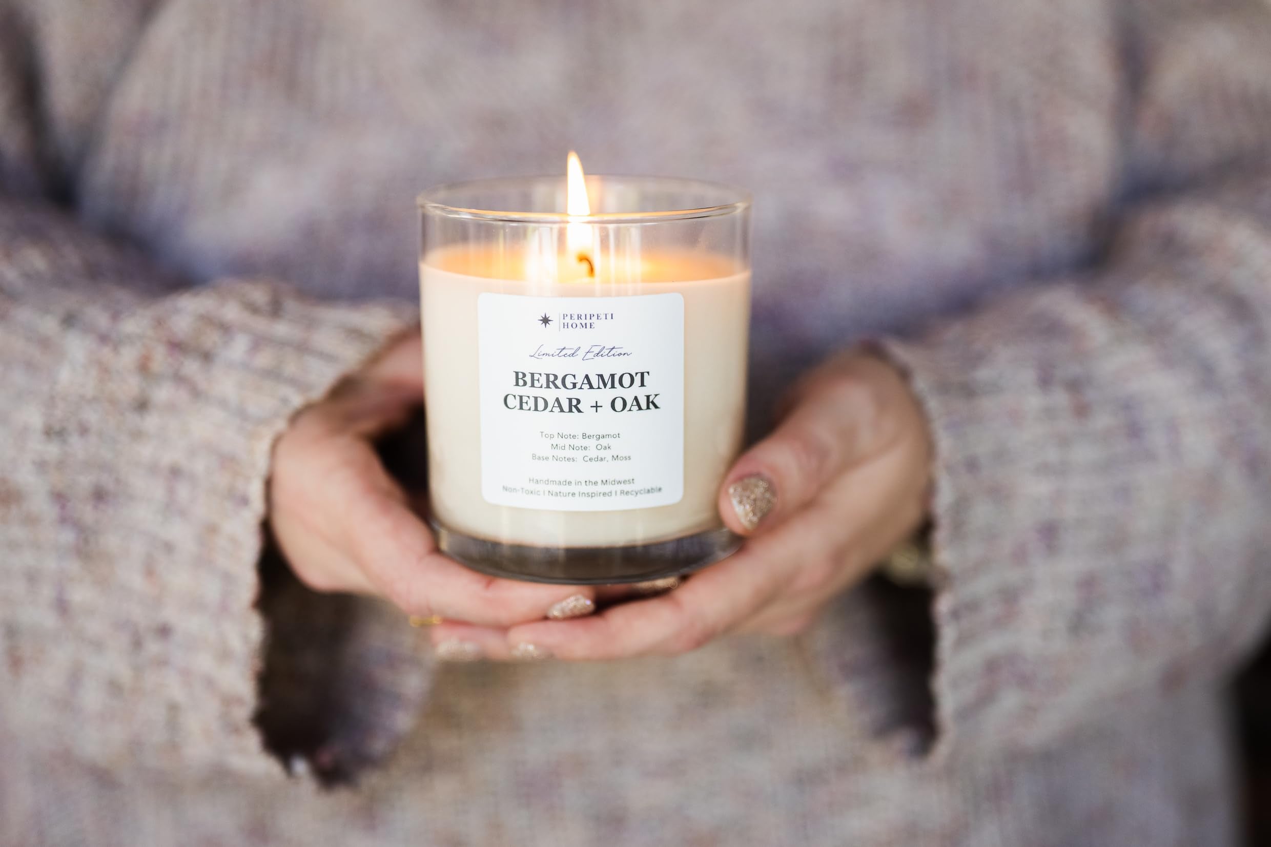 PeripetiHome Bergamot Cedar Oak candle label highlights soy-based, dye-free ingredients